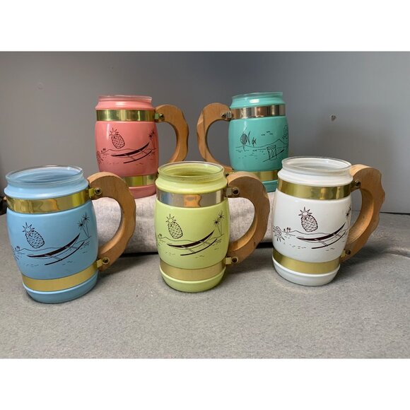 Vintage Siesta Ware Frosted Tiki Mugs With Wood & Brass Handles - 5 Rainbow Colo - Picture 10 of 13